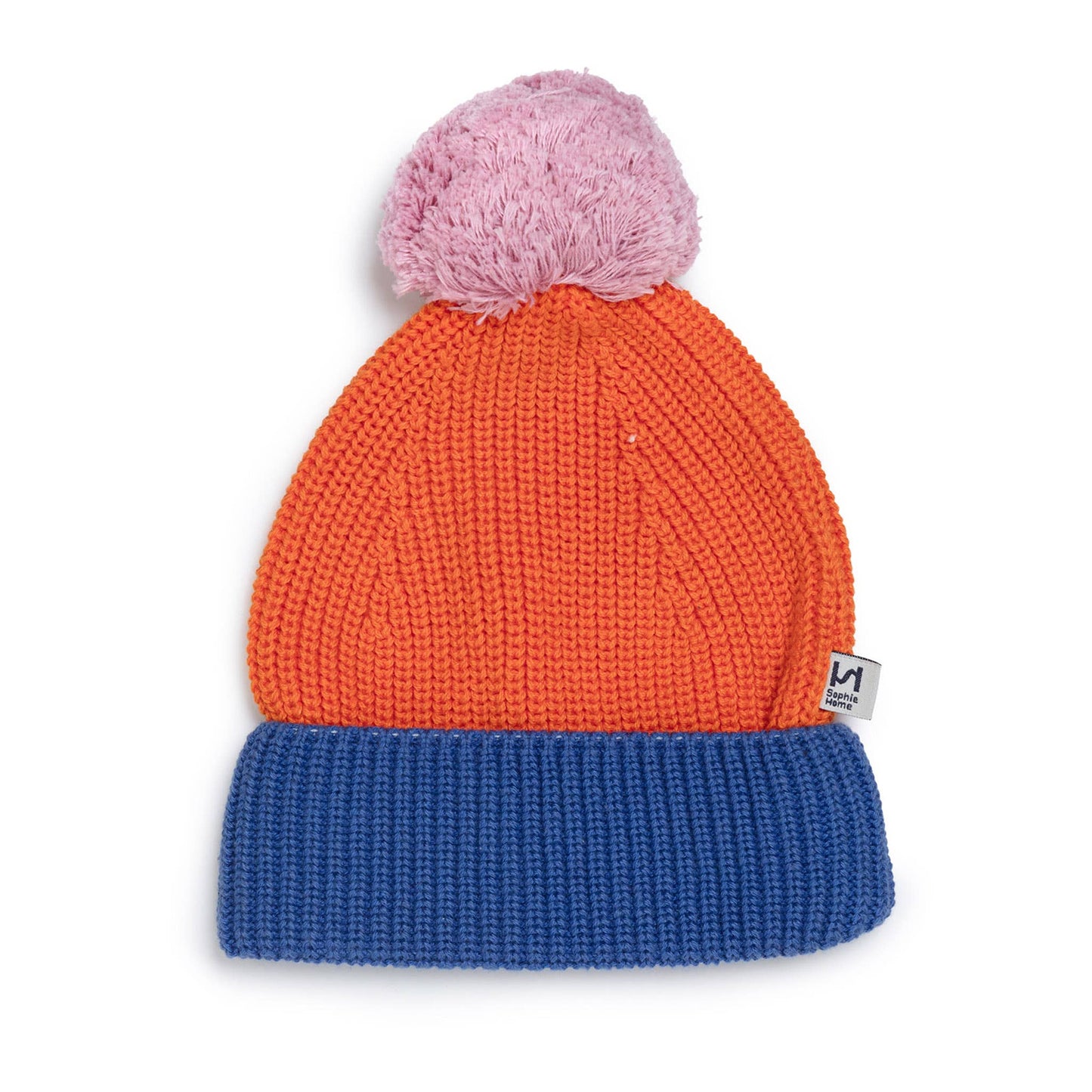 Cotton Knit Baby Bobble Hat:  Orange & Blue
