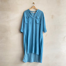 Double front pockets linen dress -BLUE-