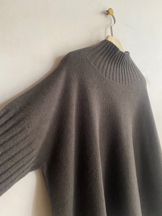 Polo neck h/S rib sleeve knit  -Brown-
