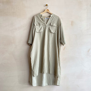 Double front pockets linen dress -BLUE-