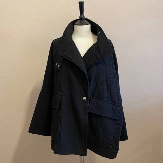 High neck kimono textured cotton Jackets -Black-