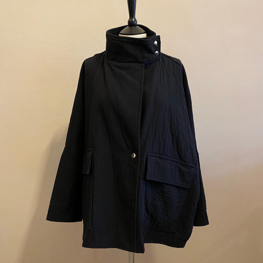 High neck kimono textured cotton Jackets -Black-