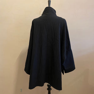 High neck kimono textured cotton Jackets -Black-