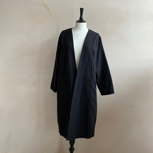 Textured cotton open long coat -Black-