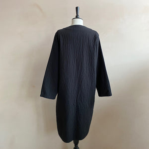Textured cotton open long coat -Black-