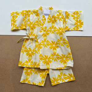 Japanese Jinbei Top and Shorts Set -Flower dye Yellow-
