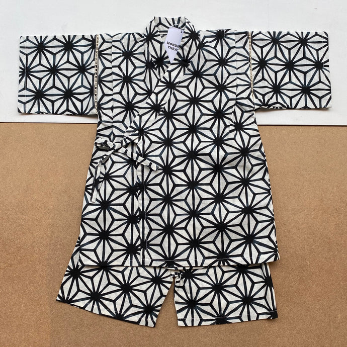 Japanese Jinbei Top and Shorts Set -Geometric Sun White-