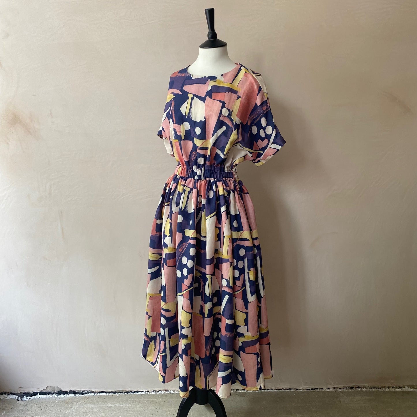 Watercolour paint pattern colourful long dress -Navy-