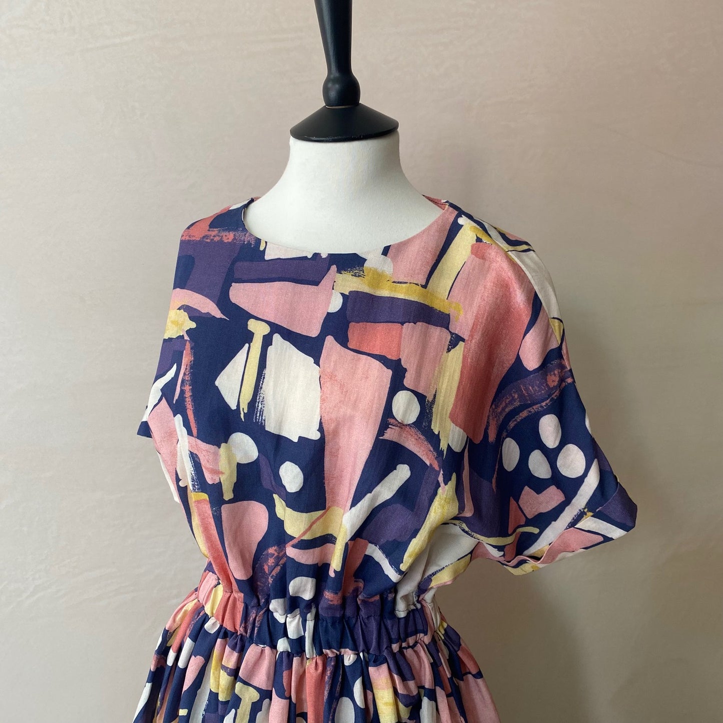 Watercolour paint pattern colourful long dress -Navy-
