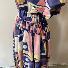 Watercolour paint pattern colourful long dress -Navy-