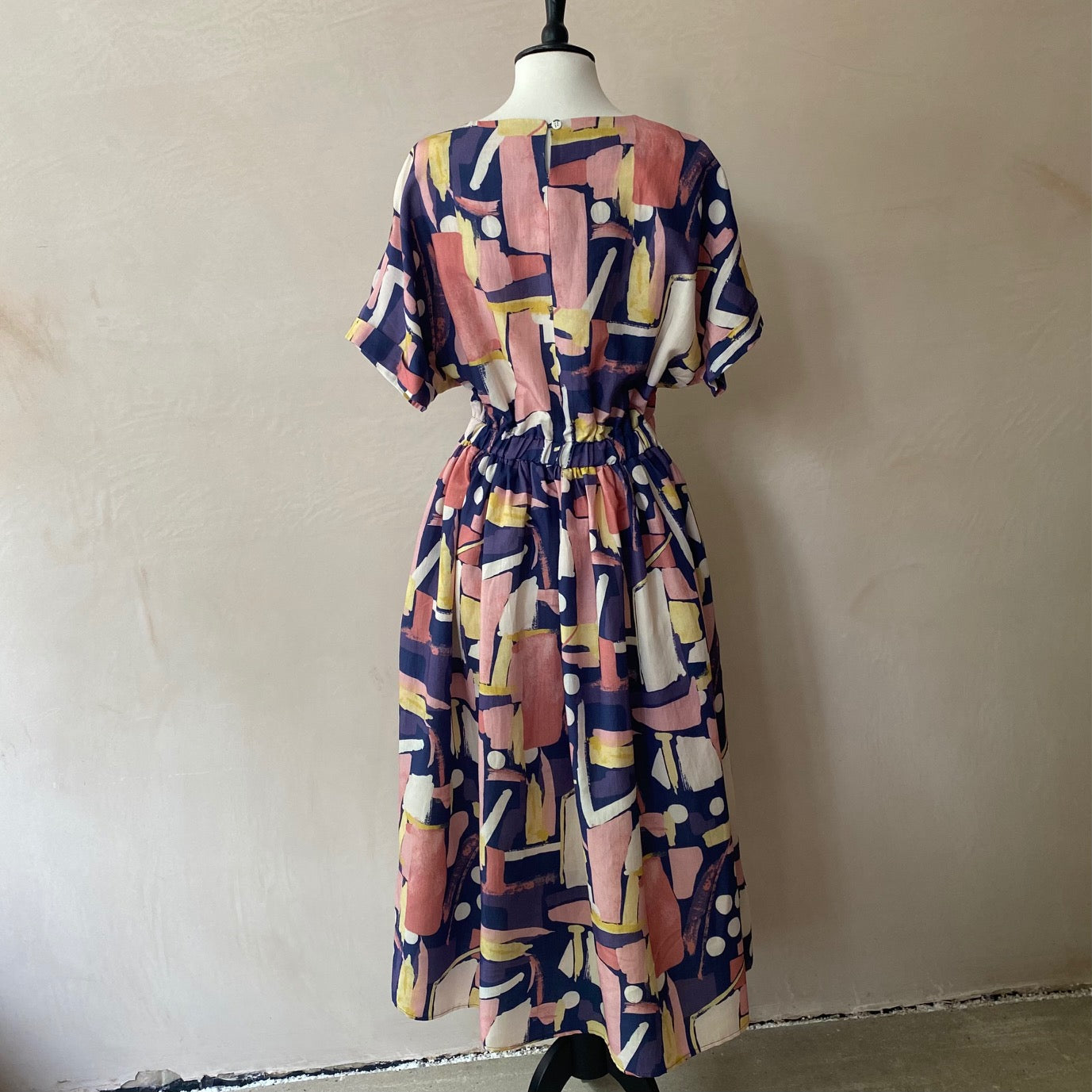 Watercolour paint pattern colourful long dress -Navy-