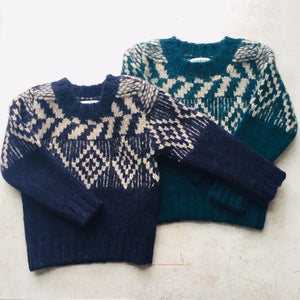Alpaca Softshell chunky jacquard crewneck knit  -Navy/Camel-, Children clothes, aymara, WondrousTheatre,