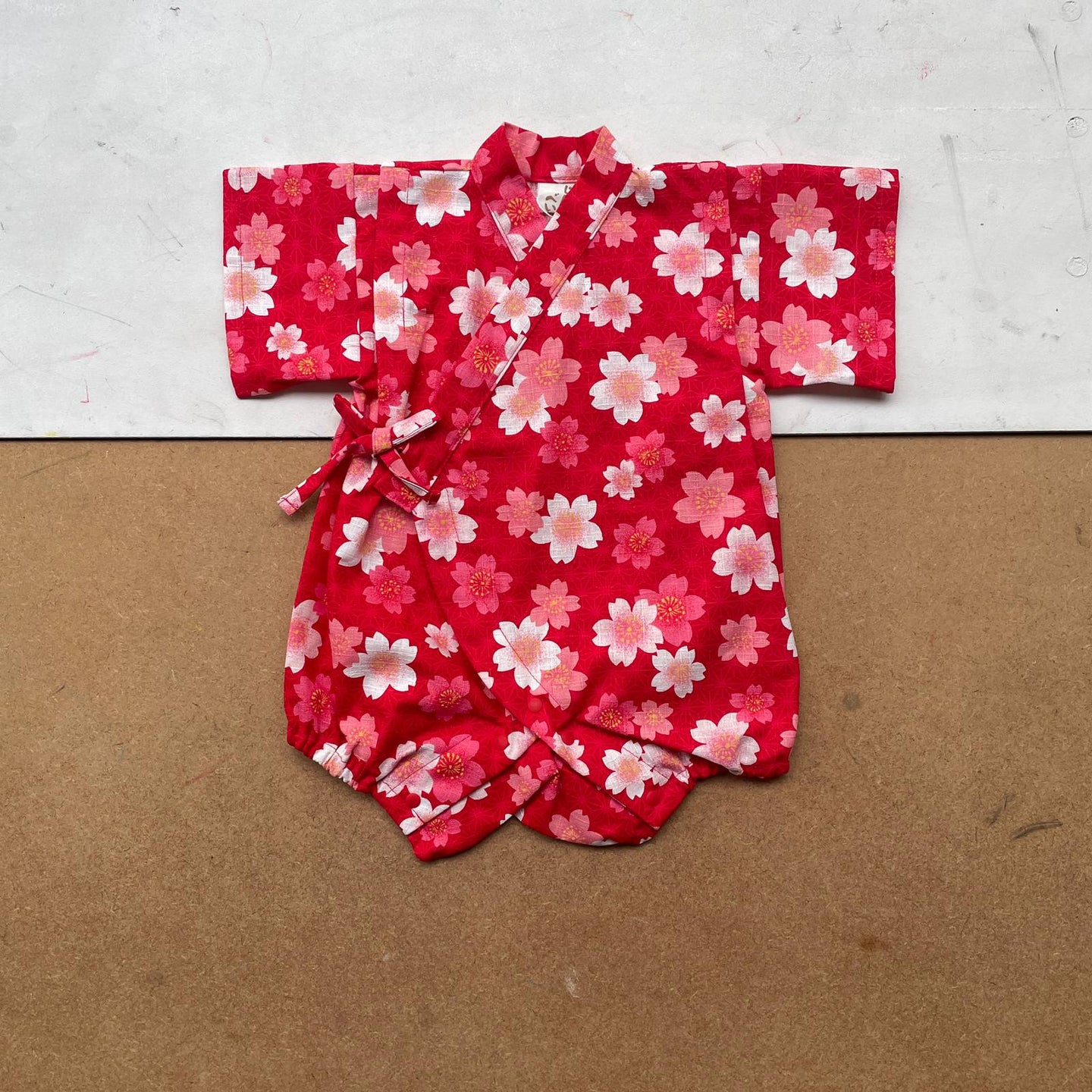 Kimono style baby wraparound bodysuit -Sakura Red-