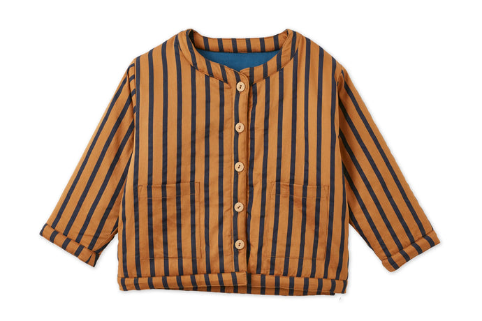 Vild Organic Cotton Boxy Padded Jacket -Navy Camel Stripe-